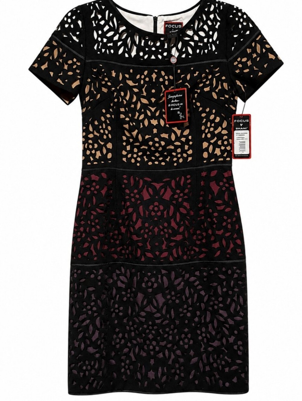 Women's Size 6 Black Laser-Cut Midi Dress with Tan, White, and Burgundy Panels